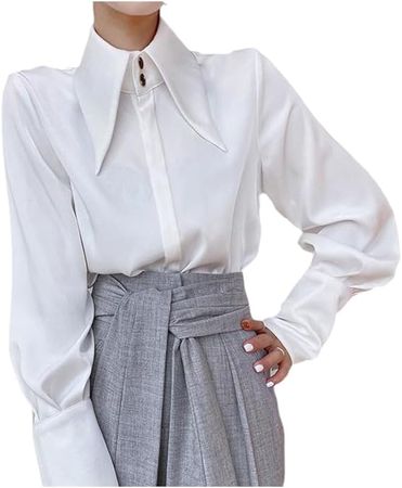 Luxury Design Thin Blouses Satin Shirts Pointed Collar Women' White Blouse Spring Tops Long Sleeve at Amazon Women’s Clothing store