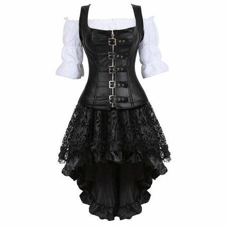 Steampunk Corset Dress for Women Three piece Leather Corset with Skirt and Renaissance Shirt Gothic Pirate Costume Plus Size| | - AliExpress