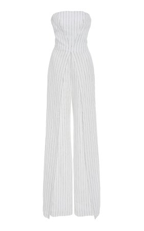 Charlize Strapless Pinstriped Linen Jumpsuit by Alexis | Moda Operandi