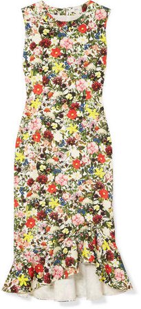 Louisa Ruffled Floral-print Ponte Dress - Green