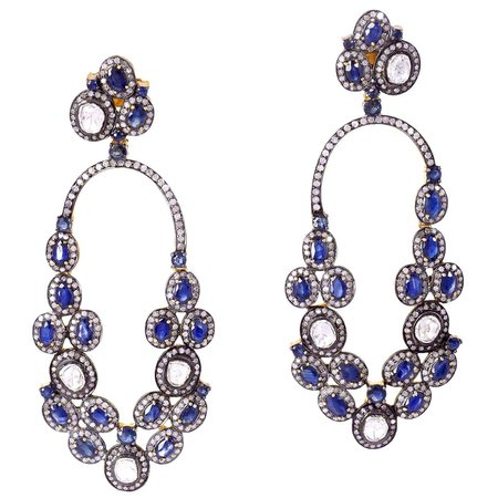 Blue Sapphire Rose Cut Diamond Earrings For Sale at 1stDibs