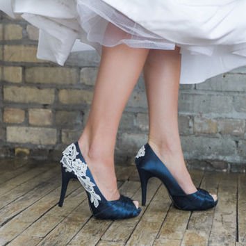 Navy Blue and Silver Flower Heels