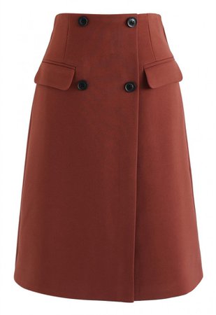 Button Decorated Flap Pockets Skirt in Rust Red - Skirt - BOTTOMS - Retro, Indie and Unique Fashion