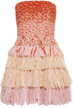 Embellished Silk-gauze And Raffia Mini Dress - Orange