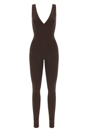 Clothing : Jumpsuits : 'Rissa' Brown V-Neck Waist Cinching Jumpsuit