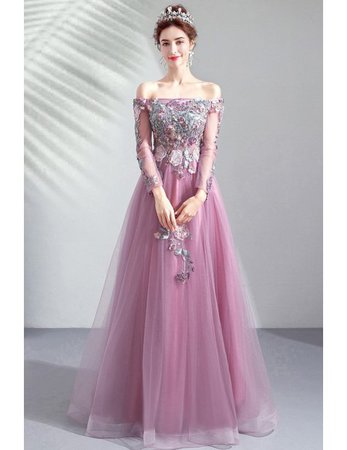 Gorgeous Purple Long Tulle Prom Party Dress With Long Sleeves Embroidery Wholesale #T79020 - GemGrace.com