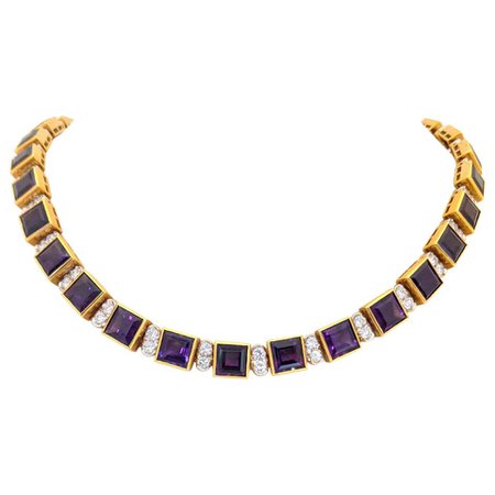 18KT Yellow Gold 61.19CT. Amethyst and 5.51Ct. Diamond Art Deco Inspired Necklace For Sale at 1stDibs