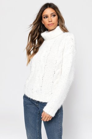 White Sweater - Fuzzy Cable Knit Sweater - White Turtleneck Knit