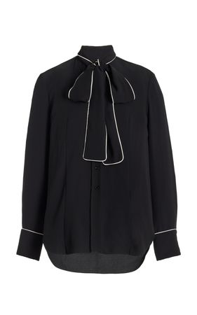 Piping-Trimmed Pussy Bow Blouse By Carolina Herrera