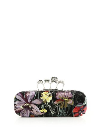 Alexander Mcqueen, black multi floral embroidered knuckle clutch