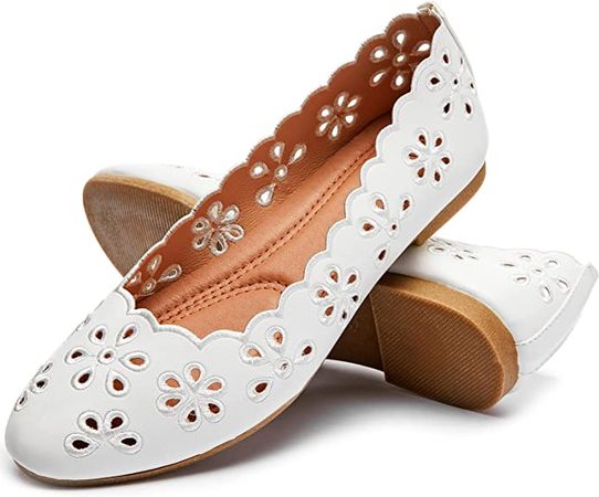 Amazon.com | Women's Ballet Flats Black PU Leather Dress Shoes Comfortable Round Toe Slip on Flats with Floral Eyelets(White.US9) | Flats