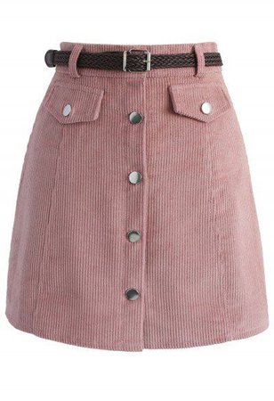 Pink Corduroy Single Breasted Pockets Skirt With Belt