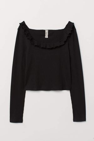 Ruffle-trimmed Ribbed Top - Black