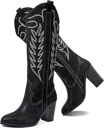 Amazon.com | ANYANAMZ Women's Cowboy Knee High Boots, Western Boots Cowgirl Boots for Women, Pointed Toe Chunkey Heel Black Women's Boots. | Knee-High