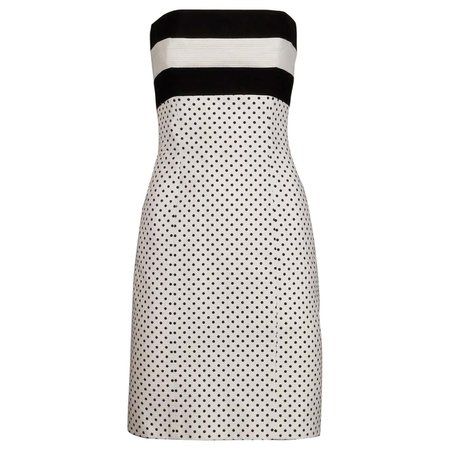 1980s Escada Vintage Black + White Polka Dot Striped Print Strapless Dress For Sale at 1stDibs