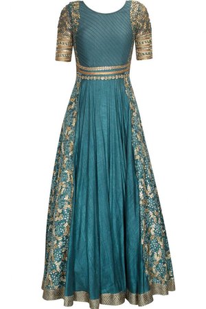 Teal Blue & Gold Embroidered Gown