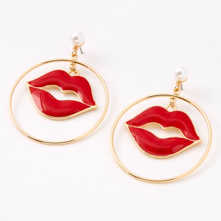 Gold 2" Lips Pearl Hoop Earrings - Red | Claire's