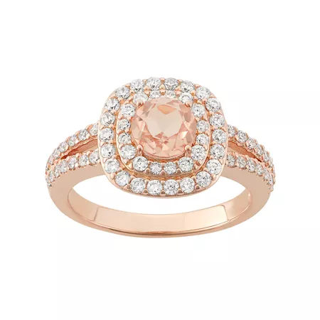 Peach Quartz Doublet & Cubic Zirconia 18k Rose Gold Over Silver Halo Ring