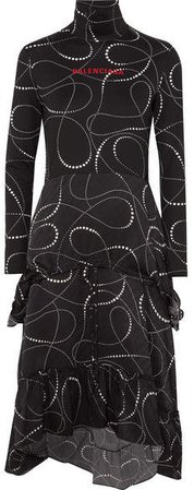 Printed Jersey And Silk-jacquard Turtleneck Dress - Black