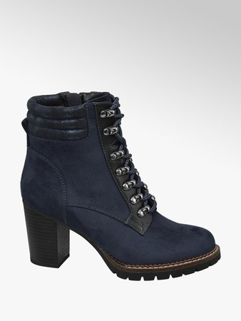 Navy Lace-up Block Heel Boots