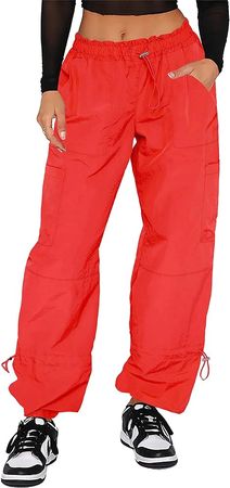 DISCIPBUSH Cargo Pants Women Baggy - Parachute Pants for Women, Cargo Pants for Women, Womens Cargo Pants Y2K Pants, Cargo Pants for Girls' Fashion, Baggy Pants Women Cargo Pants Chilli Red S at Amazon Women’s Clothing store