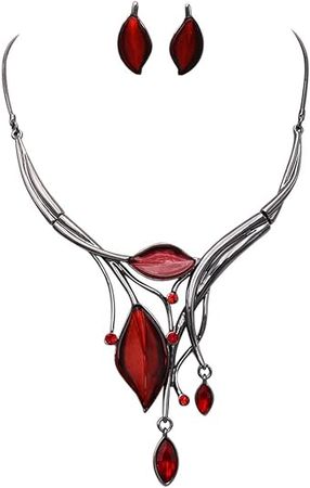 Amazon.com: Rosemarie Collections Women's Leaf Design Statement Bib Necklace Earrings Set (Hematite Tone Red): Clothing, Shoes & Jewelry
