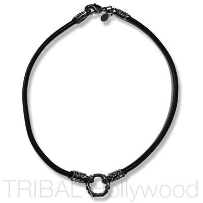 BLACK LEATHER NECKLACE with Gunmetal Warrior Metalwork | Tribal Hollywood