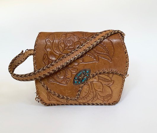 Floral Tooled Leather Purse Vintage 70s Faux Turquoise Clasp | Etsy