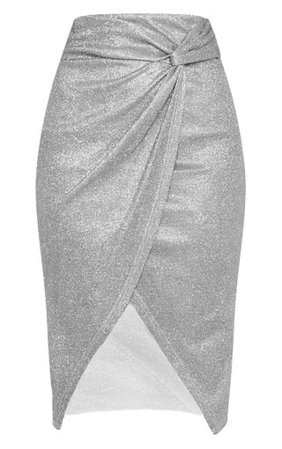 Silver Glitter Knot Front Midi Skirt