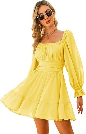 EXLURA Women Tie Back Summer Dresses Long Lantern Sleeve Square Neck Ruffle Elastic Waist Aline Casual Mini Dress Yellow at Amazon Women’s Clothing store