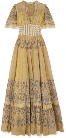 Ruffled Printed Cotton-voile And Jacquard Maxi Dress - Pastel yellow