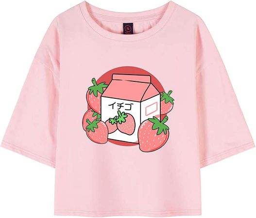 KEEVICI 90s Japanese Strawberry Milk Crop Top Cotton Pink T Shirts for Teen Girls (Pink11,L,) at Amazon Women’s Clothing store