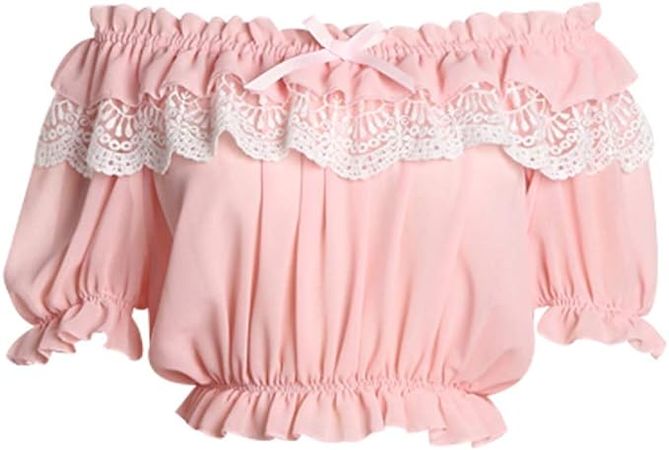 Smiling Angel Women Lolita Frilly Chiffon Crop Top Blouse White/Black/Wine Red/Blue/Apricot Puff Sleeve Lace Bottoming Shirt at Amazon Women’s Clothing store