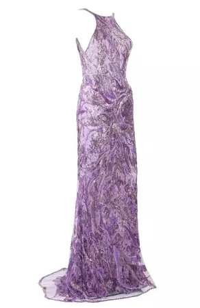 New Atelier Versace Wisteria Purple Silk Fully Beaded Dress Gown For Sale at 1stDibs