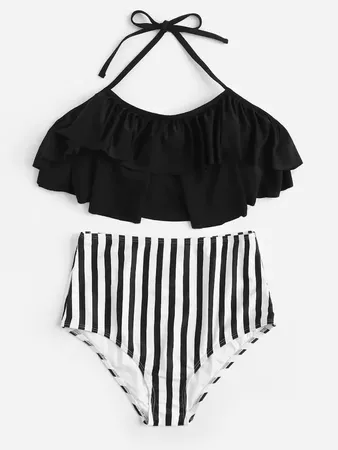 Flounce Top With Random Striped High Waist Bikini Set