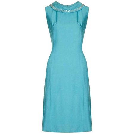 Turquoise Linen Mod Dress With Beaded Collar, 1960s For Sale at 1stdibs