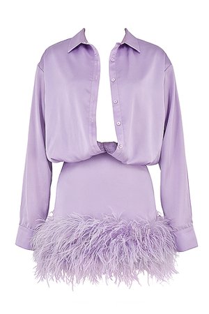 houseofcb 'Tyra' Orchid Satin Feather Trimmed Shirt Dress
