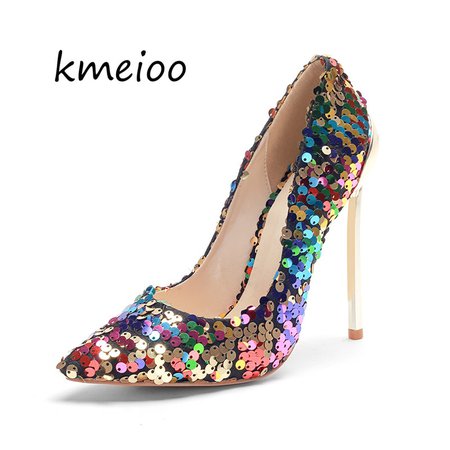 Kmeioo Pumps Classic Sequined Shallow High Heels
