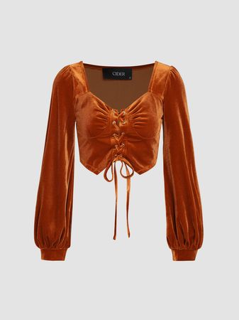 Velvet Sweetheart Lace Up Knotted Blouse - Cider