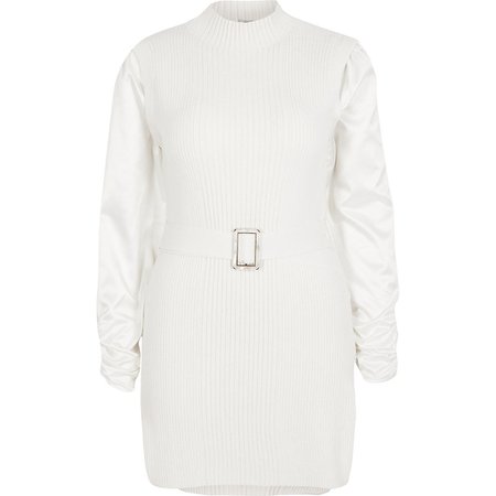 White knitted turtle neck belted top | River Island