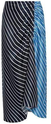Ruched Striped Silk-twill Midi Skirt