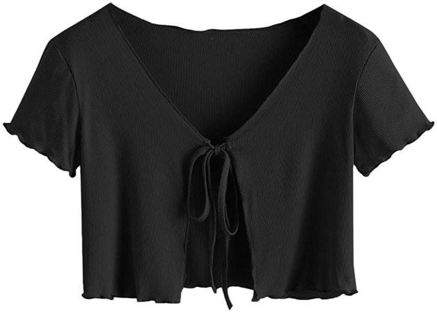 SweatyRocks Women's Tie Up Crop Top Short Sleeve Ribbed Knit Open Front Cropped Shirts at Amazon Women’s Clothing store