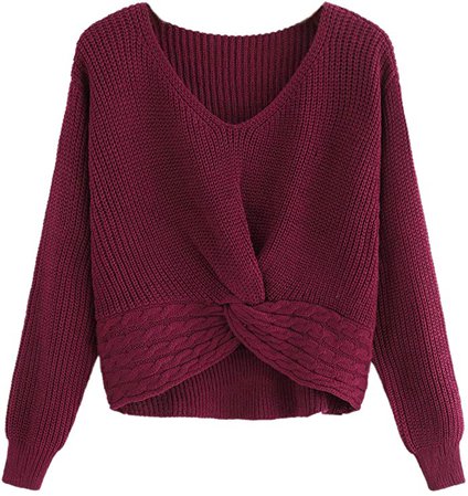 MakeMeChic Women's Casual V Neck Sweater Long Sleeve Knot Front Crop Top Pullovers Red L at Amazon Women’s Clothing store