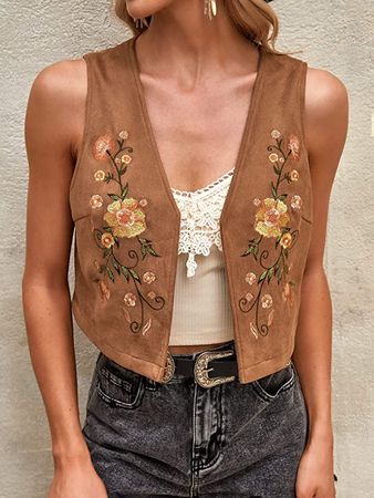 Verdusa Women's Floral Embroidery Open Front Cowgirl Vest Sleeveless Crop Vest Jacket at Amazon Women's Coats Shop