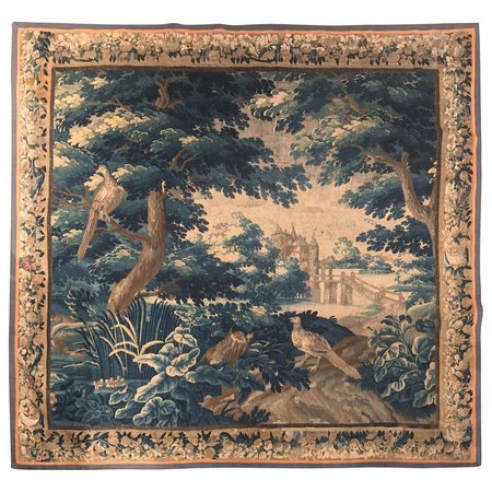 Large 18th Century French Aubusson Verdure Tapestry with Trees, Birds and Castle For Sale at 1stdibs