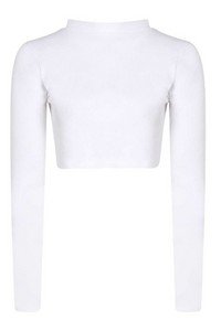 Ribbed High Neck Long Sleeve Crop Top White