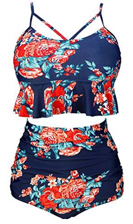 COCOSHIP Red Pink & Navy Blue Antigua Floral Retro Boho Flounce Falbala High Waist Bikini Set Chic Swimsuit Bathing Suit XXL(FBA): Clothing