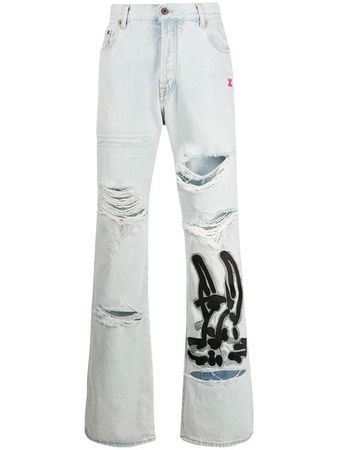 Off-White bunny-print bleached-effect jeans Blue