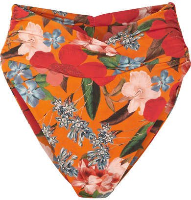 Twisted Floral-print Bikini Briefs - Orange