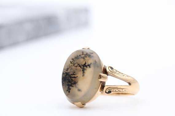 Victorian Moss Agate Ring In 14k Gold Amazing Oval Moss